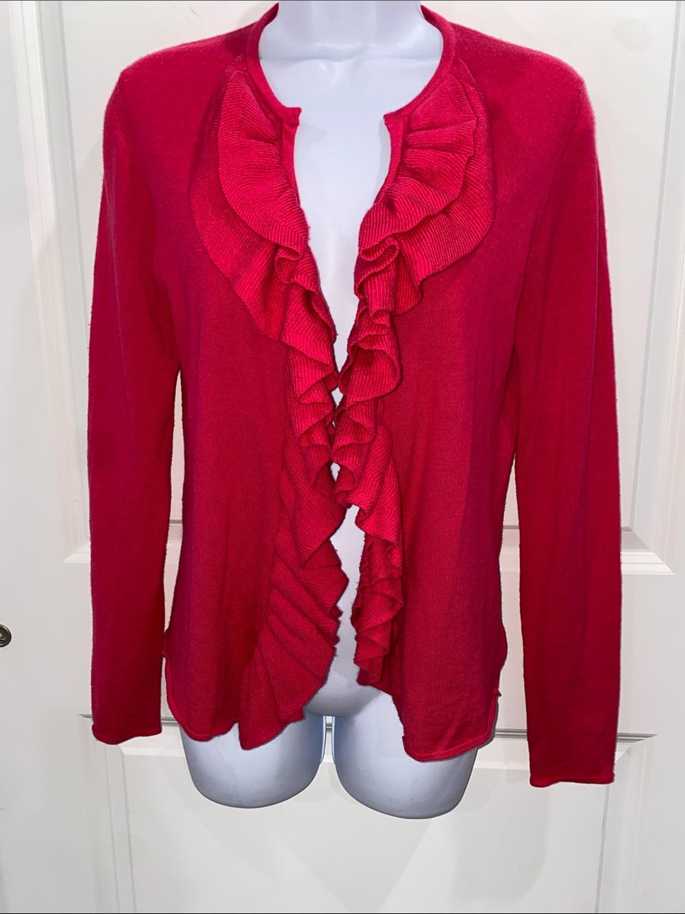 Tory Burch Pink Ruffle Open Front Cardigan Merino Wool Size Small - Picture 14 of 14